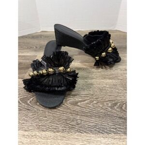 Mara & Mine Shoes Women's 9 Black Raffia‎ Fringe Gold Beads Wedge Slide Sandals